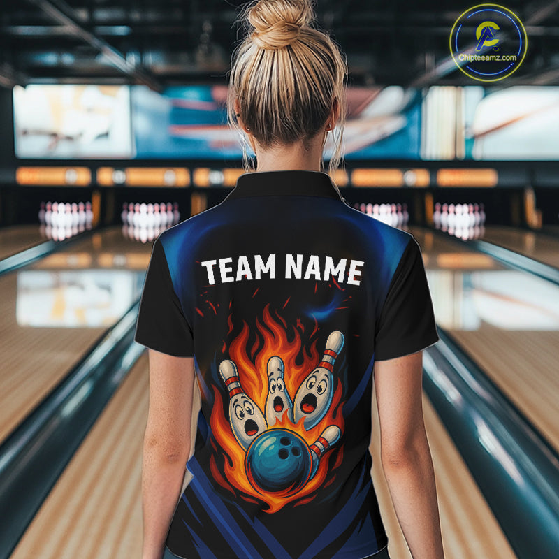 Blue and Black Flame Bowling shirts for Women custom funny bowling ball and pins team bowler jerseys NQS10260