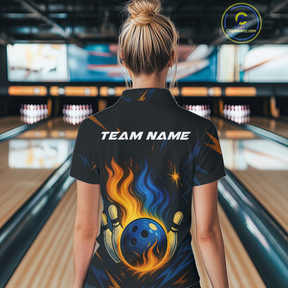 Blue and Yellow Flame Bowling shirts for Women custom bowling team jerseys for ladies bowler NQS10262