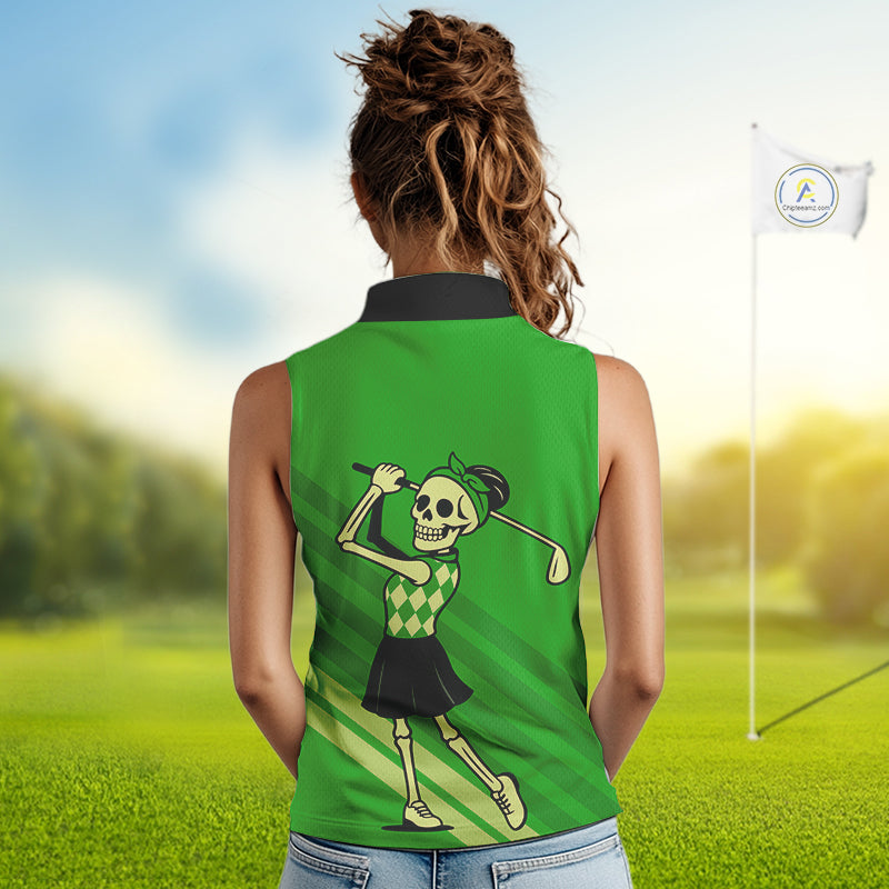 Funny argyle pattern Skull Sleeveless Polo Shirt Custom ladies golf attire, cool golf gift | Green NQS10655