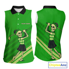 Load image into Gallery viewer, Funny argyle pattern Skull Sleeveless Polo Shirt Custom ladies golf attire, cool golf gift | Green NQS10655