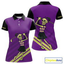 Load image into Gallery viewer, Funny argyle pattern Skull Women Golf Polo Shirt Custom ladies golf attire, cool golf gift | Purple NQS10657