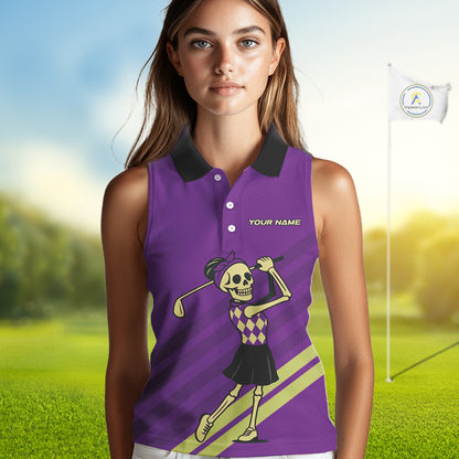 Funny argyle pattern Skull Sleeveless Polo Shirt Custom ladies golf attire, cool golf gift | Purple NQS10657