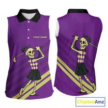 Load image into Gallery viewer, Funny argyle pattern Skull Sleeveless Polo Shirt Custom ladies golf attire, cool golf gift | Purple NQS10657