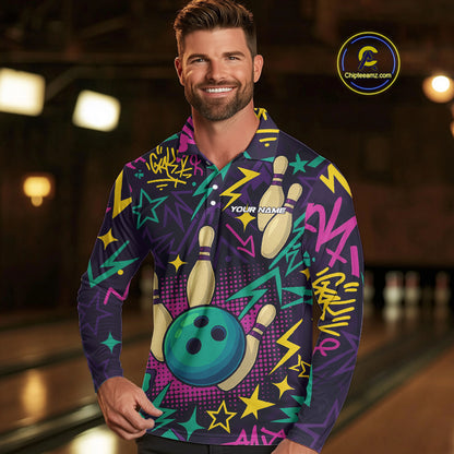 Custom purple graffiti pattern funny Bowling shirts for Men, bowling team league jerseys with Name NQS10270
