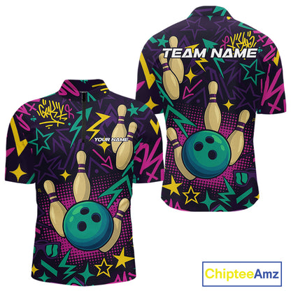 Custom purple graffiti pattern funny Bowling shirts for Men, bowling team league jerseys with Name NQS10270