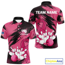 Load image into Gallery viewer, Black and Pink ribbon Bowling shirts for Men Custom breast cancer American flag bowling team jersey NQS10141