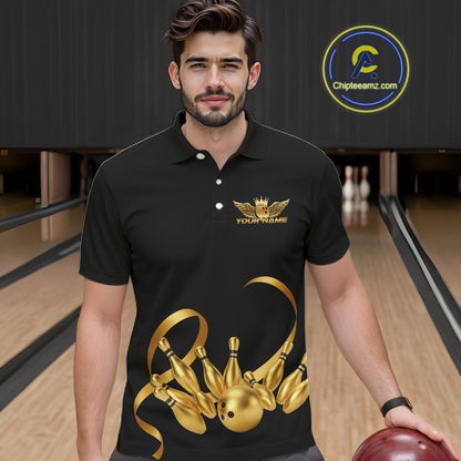 Black and Gold Ribbon Bowling Polo, 1/4 Zip Shirts For Men Custom Breast Cancer Bowling Team Shirt NQS10465