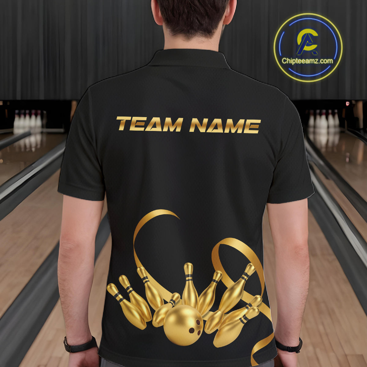 Black and Gold Ribbon Bowling Polo, 1/4 Zip Shirts For Men Custom Breast Cancer Bowling Team Shirt NQS10465