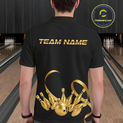 Black and Gold Ribbon Bowling Polo, 1/4 Zip Shirts For Men Custom Breast Cancer Bowling Team Shirt NQS10465