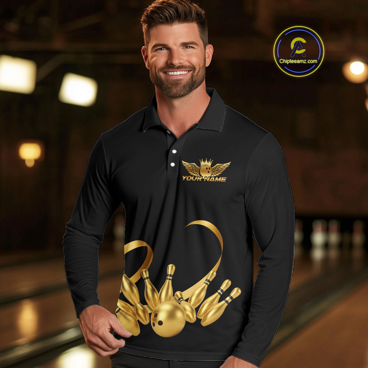 Black and Gold Ribbon Bowling Polo, 1/4 Zip Shirts For Men Custom Breast Cancer Bowling Team Shirt NQS10465