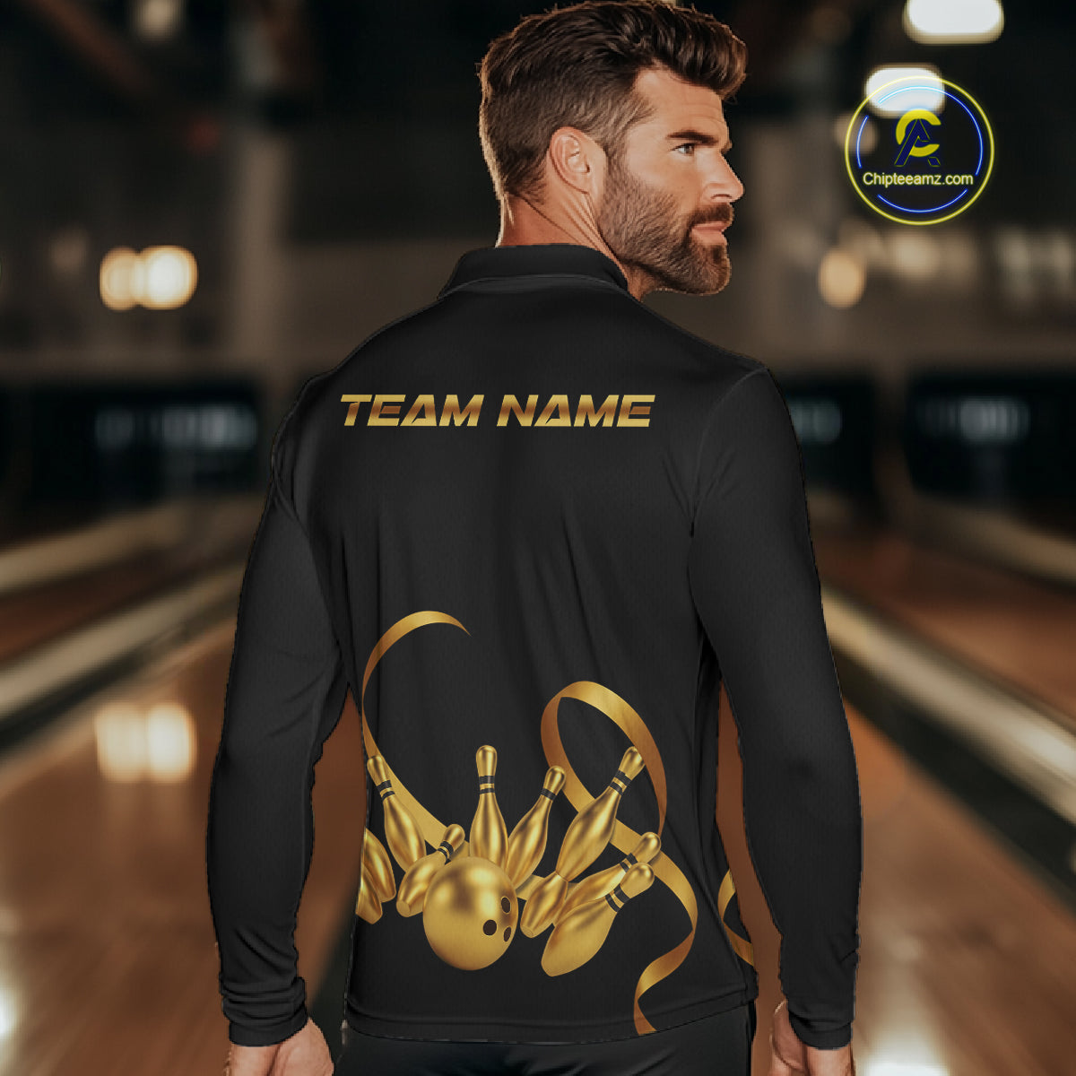 Black and Gold Ribbon Bowling Polo, 1/4 Zip Shirts For Men Custom Breast Cancer Bowling Team Shirt NQS10465