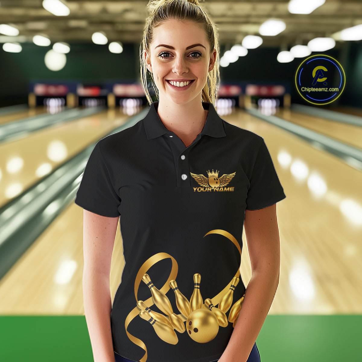 Black and Gold Ribbon Bowling Polo, 1/4 Zip Shirts For Women Custom Breast Cancer Bowling Team Shirt NQS10465