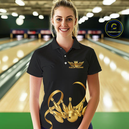 Black and Gold Ribbon Bowling Polo, 1/4 Zip Shirts For Women Custom Breast Cancer Bowling Team Shirt NQS10465