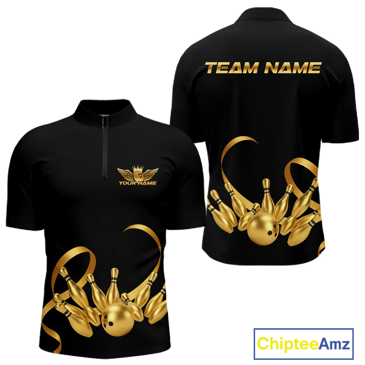 Black and Gold Ribbon Bowling Polo, 1/4 Zip Shirts For Men Custom Breast Cancer Bowling Team Shirt NQS10465