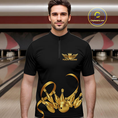 Black and Gold Ribbon Bowling Polo, 1/4 Zip Shirts For Men Custom Breast Cancer Bowling Team Shirt NQS10465
