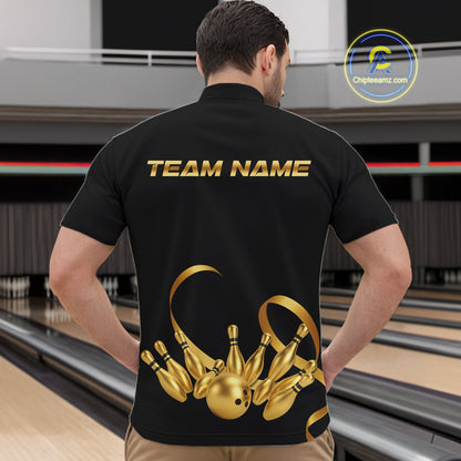 Black and Gold Ribbon Bowling Polo, 1/4 Zip Shirts For Men Custom Breast Cancer Bowling Team Shirt NQS10465