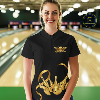 Black and Gold Ribbon Bowling Polo, 1/4 Zip Shirts For Women Custom Breast Cancer Bowling Team Shirt NQS10465