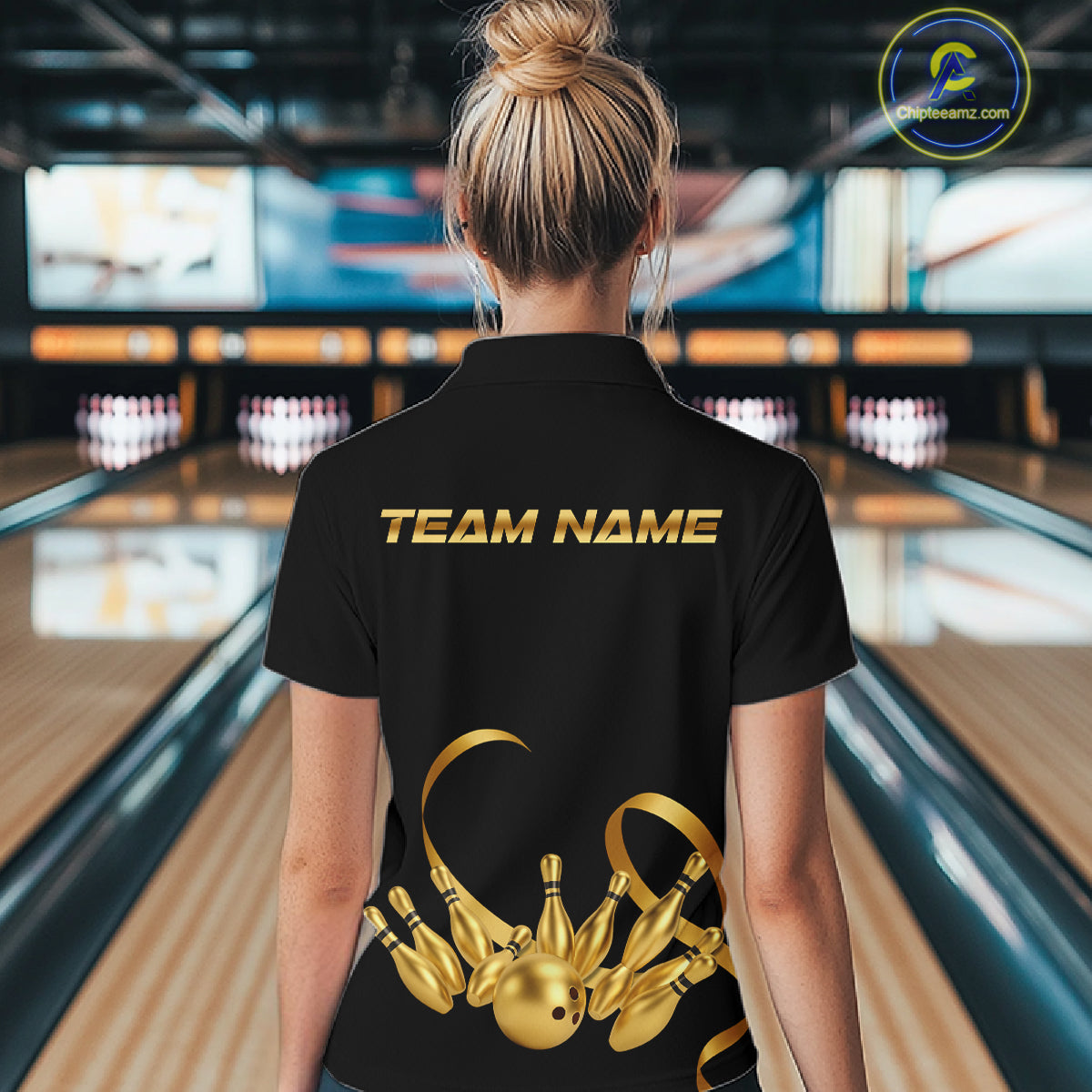Black and Gold Ribbon Bowling Polo, 1/4 Zip Shirts For Women Custom Breast Cancer Bowling Team Shirt NQS10465