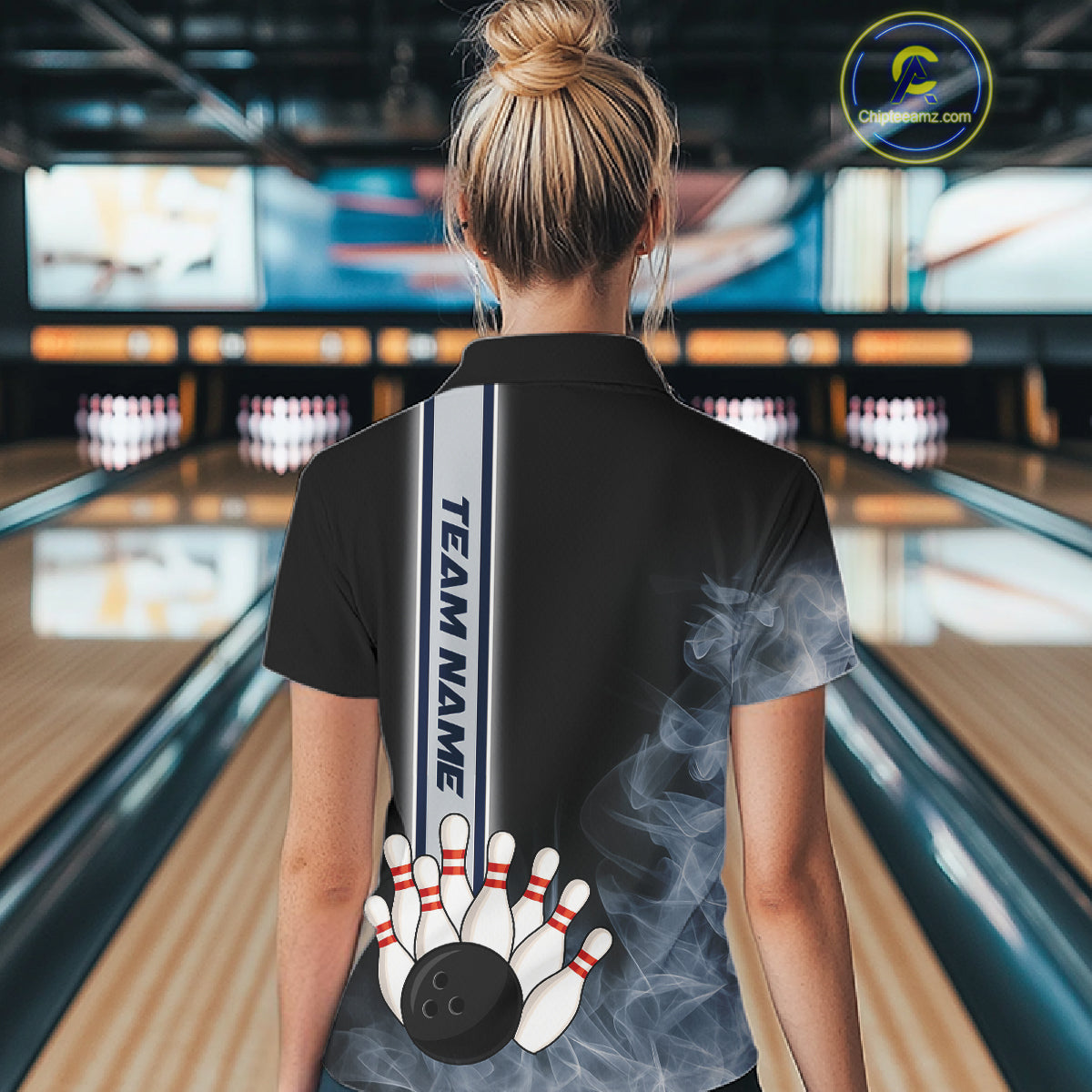 Black Smoke Bowling Polo, Quarter Zip Shirts For Women Custom Team Bowling Tournament Jerseys NQS10681