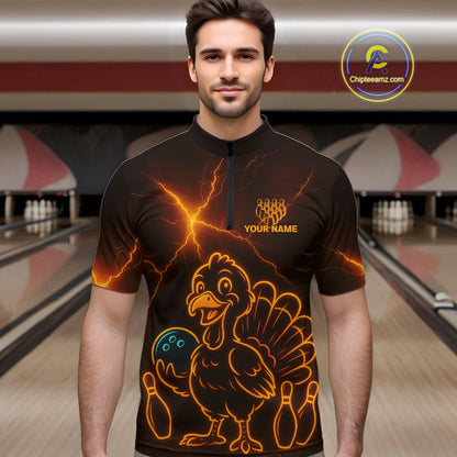 Orange Lightning Thunder Turkey Bowling Shirts For Men Custom Thanksgiving Team Bowling Jerseys NQS10682