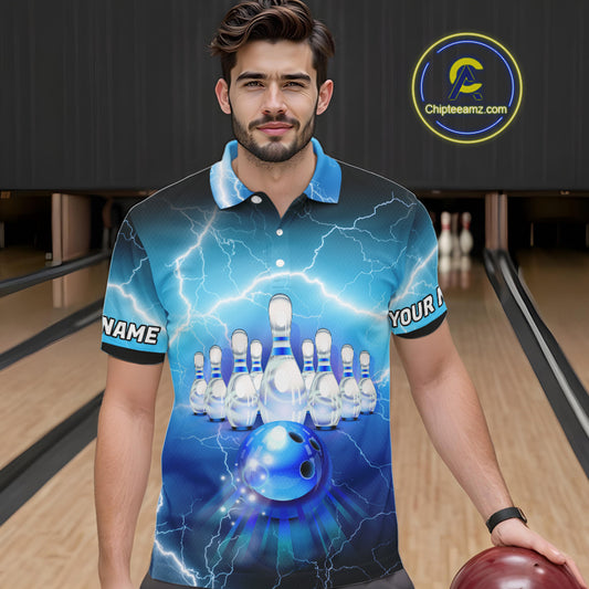 Blue lightning thunder American flag Bowling shirts for Men Custom patriotic bowling team jersey NQS10148