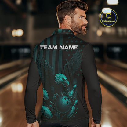 Black and Cyan Blue American Flag Eagle Bowling Shirt For Mens Custom Patriotic Team bowling jerseys NQS10478