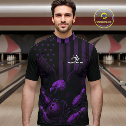 Black and Purple American Flag Eagle Bowling Shirt For Mens Custom Patriotic Team bowling jerseys NQS10479