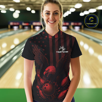 Black and Red American Flag Eagle Bowling Shirt For Women Custom Patriotic Team bowling jerseys NQS10480