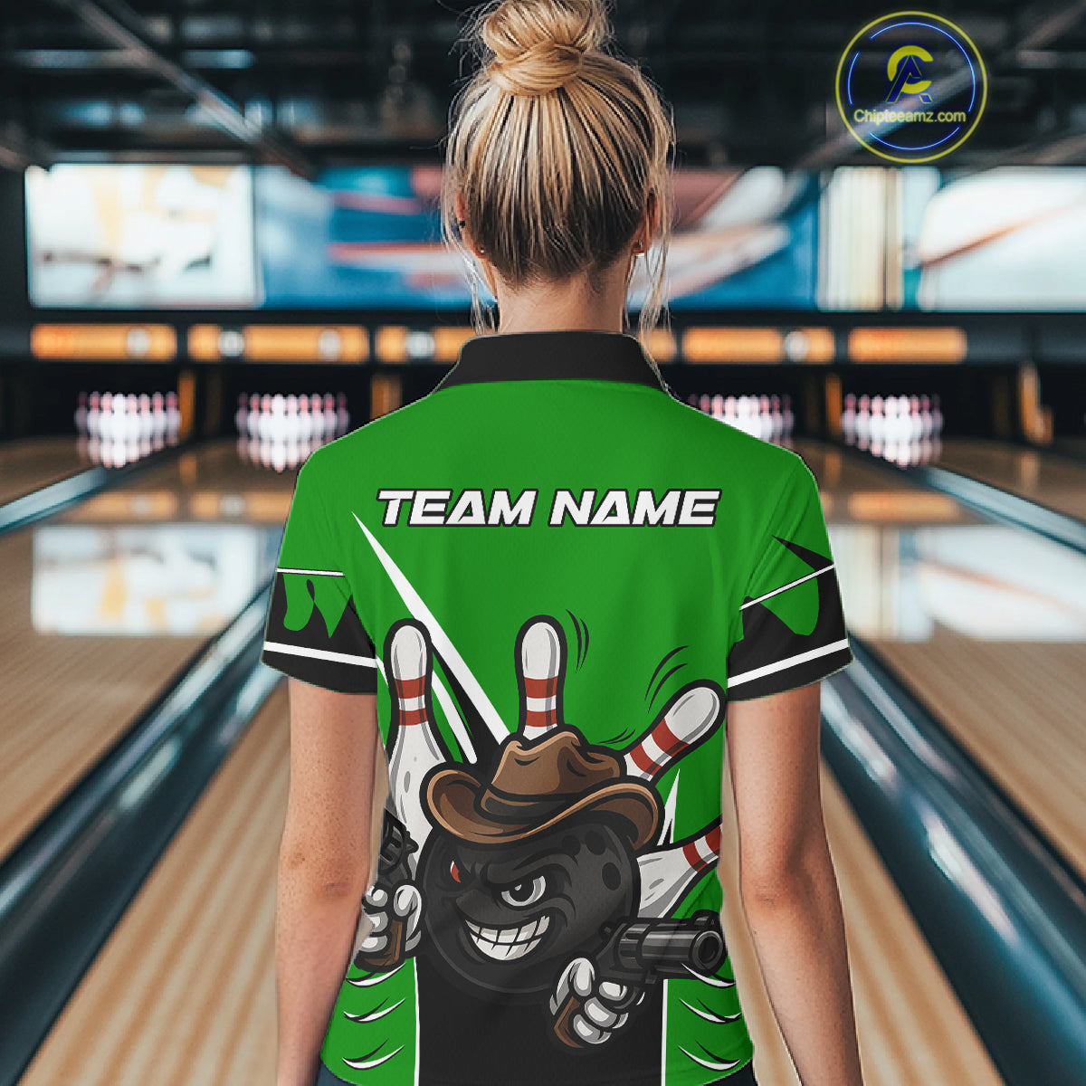 Funny Cowboy gun bowling ball and pins Bowling shirt for Women Custom bowling team jersey | Green NQS10691