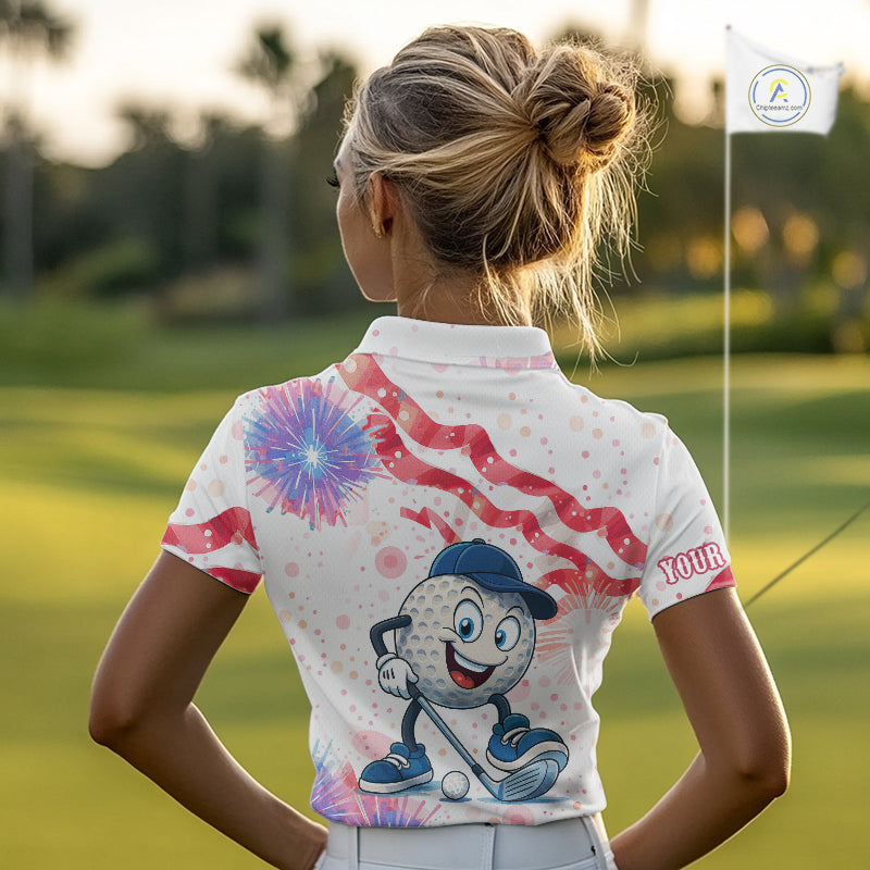 Funny Golf Ball Watercolor red, white and blue Women golf polo shirt custom patriotic fun golf shirts NQS10293