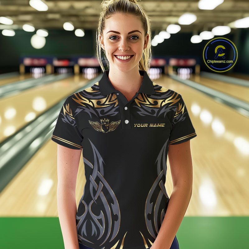 Personalized Black And Gold tribal pattern Bowling Shirts For Women, angel wings Bowling Team jerseys NQS10298