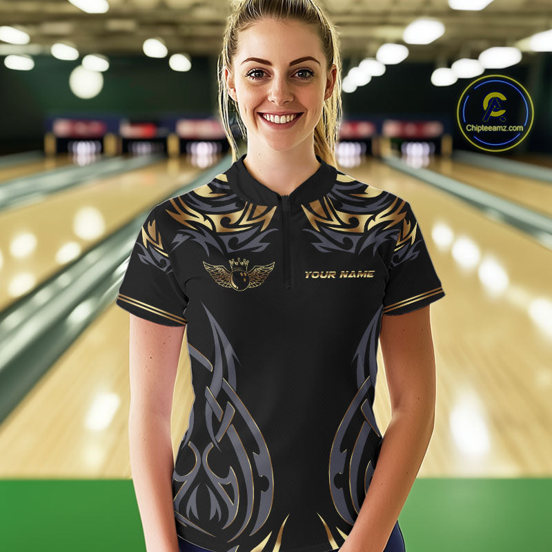Personalized Black And Gold tribal pattern Bowling Shirts For Women, angel wings Bowling Team jerseys NQS10298