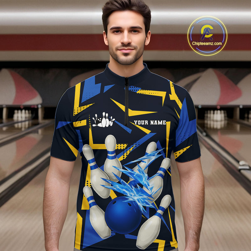 Personalized Blue And Yellow camo lightning thunder Bowling Shirts For Men Custom Bowling Team jersey NQS10305