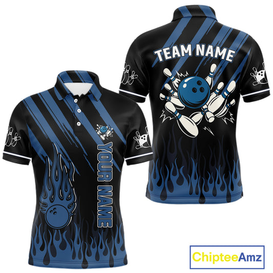 Black and Blue Flame Retro Bowling Polo, Quarter Zip Shirt for Men Custom Vintage Team Bowling Jersey NQS10504