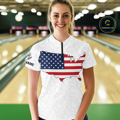 Personalized American Flag White Bowling Shirts For Women Custom patriotic Team Bowling jerseys NQS10184