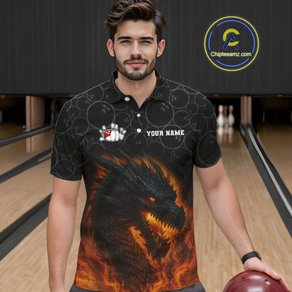 Custom Black Camo Flame Dragon Bowling Team Shirts For Men, Bowling Uniform gift for bowlers NQS10320