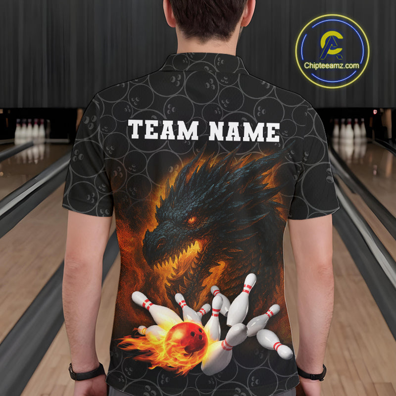 Custom Black Camo Flame Dragon Bowling Team Shirts For Men, Bowling Uniform gift for bowlers NQS10320