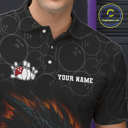 Custom Black Camo Flame Dragon Bowling Team Shirts For Men, Bowling Uniform gift for bowlers NQS10320