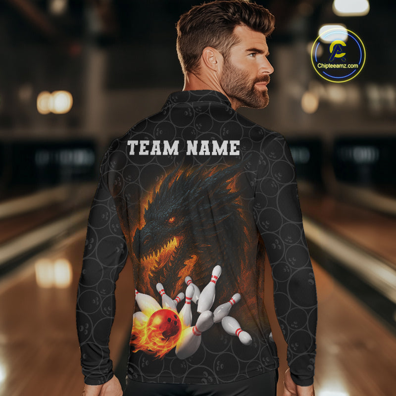 Custom Black Camo Flame Dragon Bowling Team Shirts For Men, Bowling Uniform gift for bowlers NQS10320