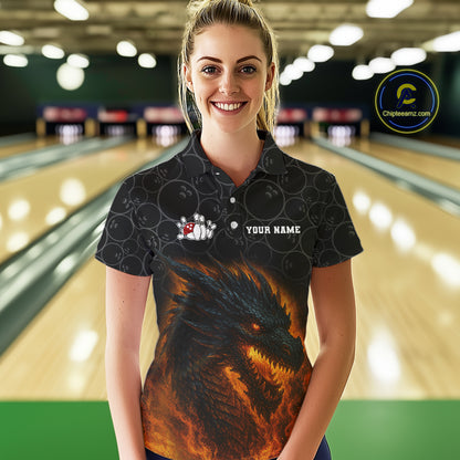 Custom Black Camo Flame Dragon Bowling Team Shirts For Women, Bowling Uniform gift for bowlers NQS10320