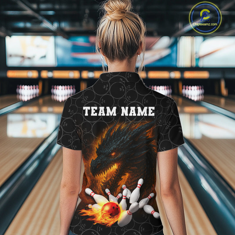 Custom Black Camo Flame Dragon Bowling Team Shirts For Women, Bowling Uniform gift for bowlers NQS10320