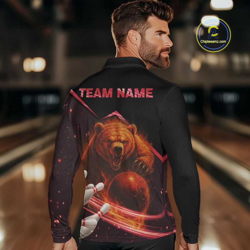 Custom Flame Bear Bowling Team Polo, Quarter zip Shirts For Men, Team Bowling Uniform NQS10321
