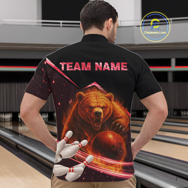 Custom Flame Bear Bowling Team Polo, Quarter zip Shirts For Men, Team Bowling Uniform NQS10321