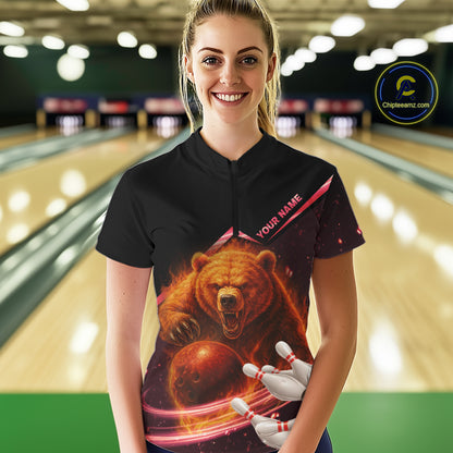 Custom Flame Bear Bowling Team Polo, Quarter zip Shirts For Women, Team Bowling Uniform NQS10321