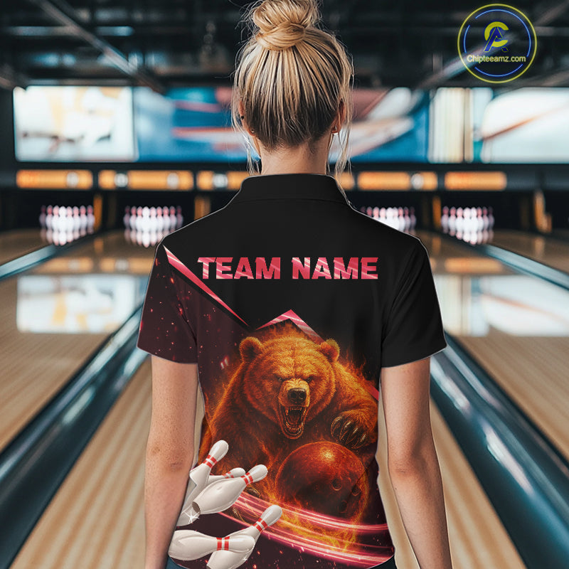 Custom Flame Bear Bowling Team Polo, Quarter zip Shirts For Women, Team Bowling Uniform NQS10321