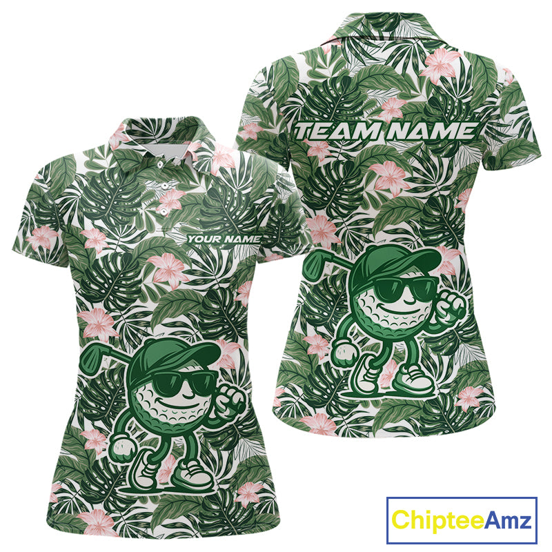Green tropical leaf pattern pink flower funny Golf polo shirts for Women Custom ladies golf outfits NQS10023