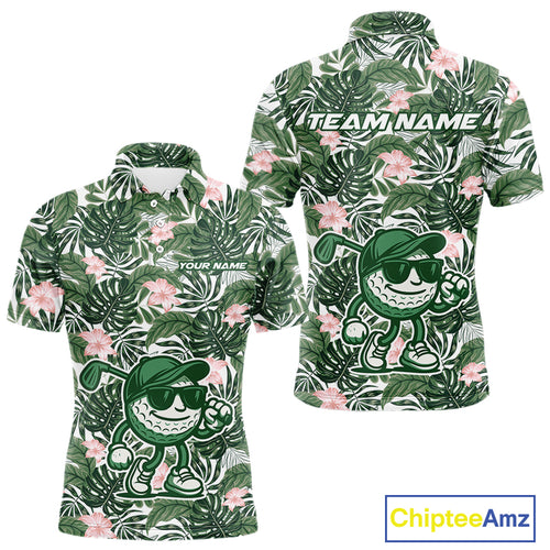 Green tropical leaf pattern pink flower funny Golf polo shirts For Men Custom mens golf outfits NQS10023