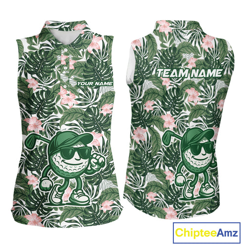Green tropical leaf pattern pink flower funny Sleeveless Golf polo shirts Custom ladies golf outfits NQS10023