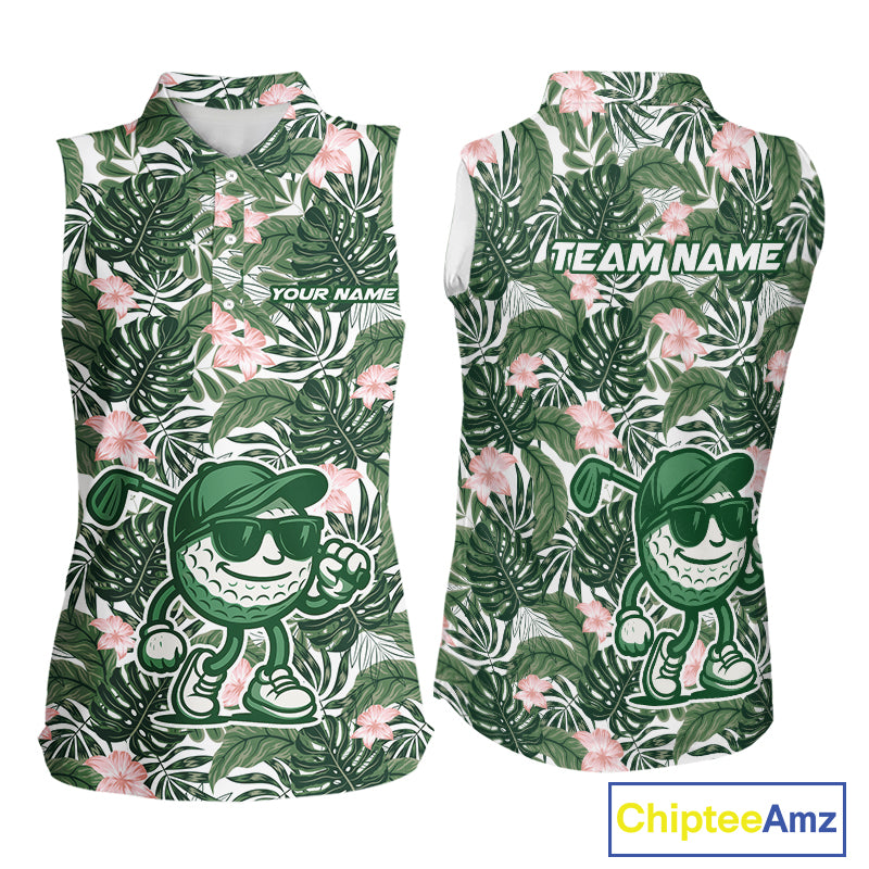 Green tropical leaf pattern pink flower funny Sleeveless Golf polo shirts Custom ladies golf outfits NQS10023