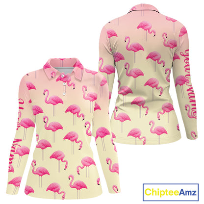Personalized pink gradient Flamingo pattern Women golf polo shirt Custom golf team theme outfits NQS10324